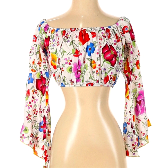 Luli Fama Floral Amor Y Playa Off The Shoulder Crop Top XS - Summer Tropical - Picture 3 of 7